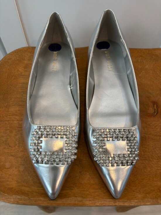 Nine West Shoes - Nine West Silver Pointed Toe Rhinestone Embellished Flats 8.5M NWOB
